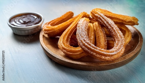 Plate of delicious hot churros. A churro is a type of fried dough originating from Spanish and Portuguese cuisine, prepared using choux pastry dough piped into hot oil. photo