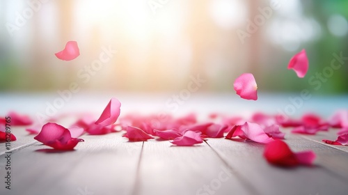 Delicate Arrangement of Colorful Flower Petals Scattered on a Rustic Wooden Table Evoking a Whimsical and Romantic Atmosphere in a Natural Setting photo