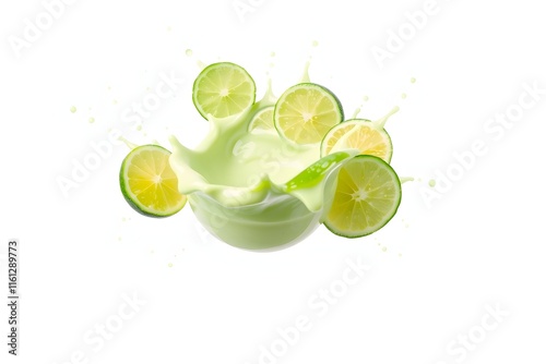 A splash of lime juice with lime slices around a bowl.