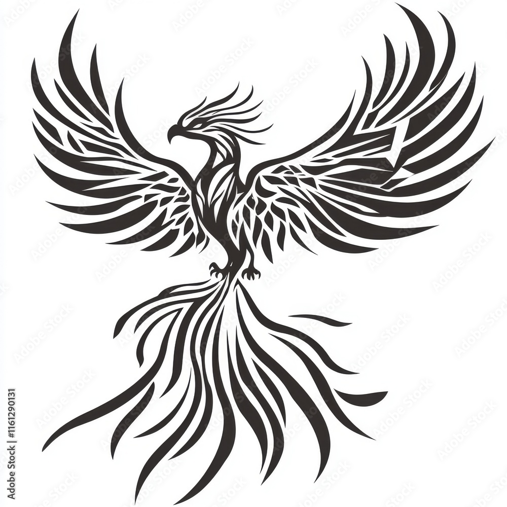 Stylized phoenix bird design with outstretched wings and tail feathers. Stylized phoenix bird design with outstretched wings and tail feathers.