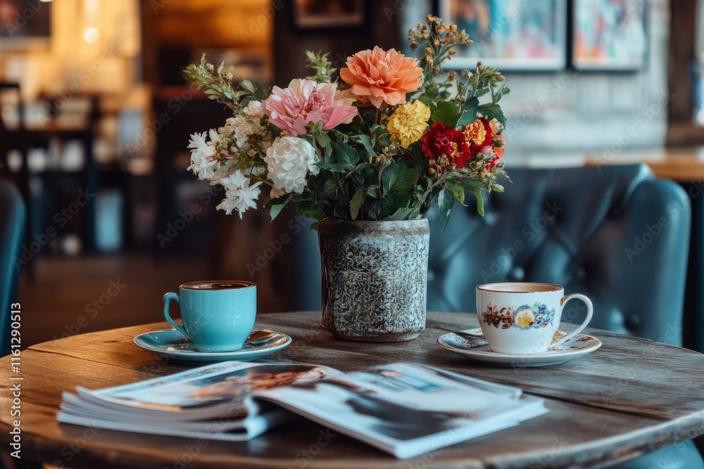 A table with exquisite setting in a cafe. Details: coffee cups, magazines, flowers in a vase. A table with exquisite setting in a cafe. Details: coffee cups, magazines, flowers in a vase.