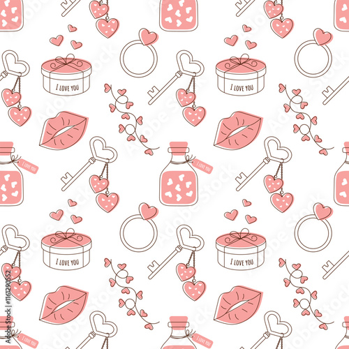 Valentine's Day. Seamless pattern with gift, garland with hearts, air kiss, love potion and ring on white background. Concept of tenderness and love for valentine's day, wedding decor, birthday