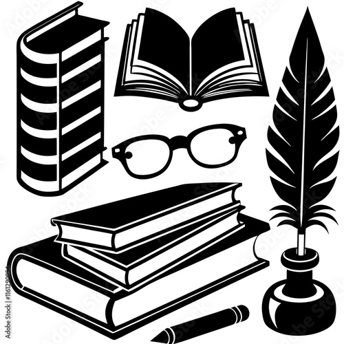 Set of Book Object Silhouettes: Open Book, Closed Book, Bookmark, Stack of Books, Quill Pen, and Ink Pot – Black and White Stock Vector