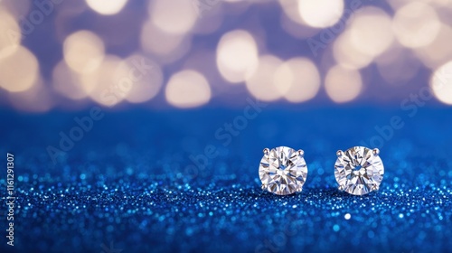 Elegant Display of Two Sparkling Diamond Earrings on a Shimmering Blue Glitter Background Evoking a Luxurious and Glamorous Atmosphere