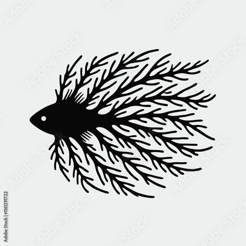 very simple, flat, and minimalist algae fish silhouette with black color and  white background