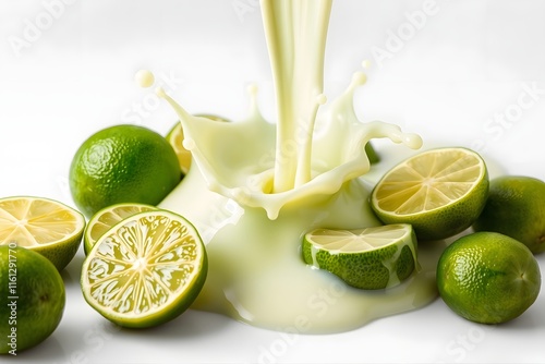 A splash of creamy liquid pouring over fresh limes, creating a vibrant and refreshing scene.