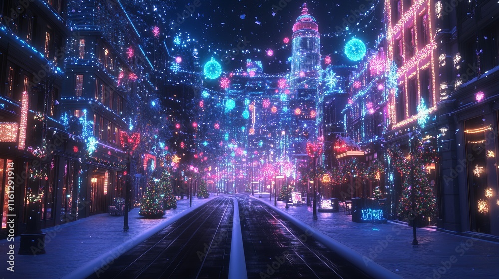 Neon Winter Wonderland: Cityscape with holographic Christmas decorations Neon Winter Wonderland: Cityscape with holographic Christmas decorations