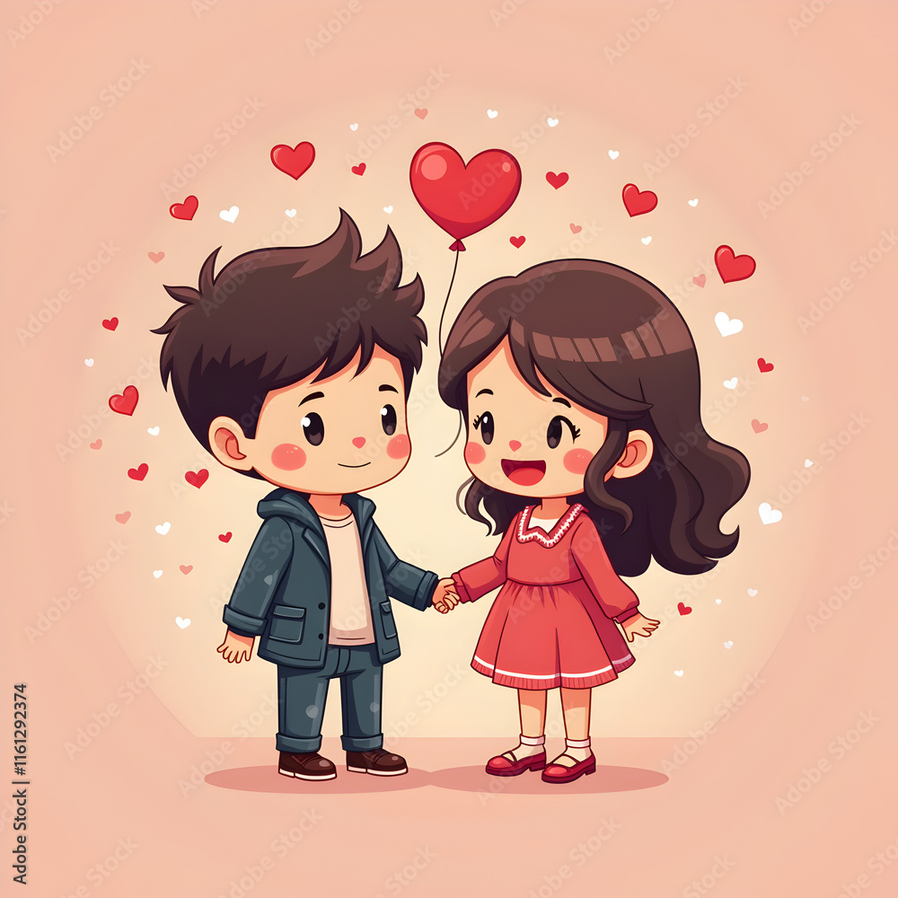 illustration of a couple celebrating Valentine's Day,chibi character illustration of a couple celebrating Valentine's Day,chibi character