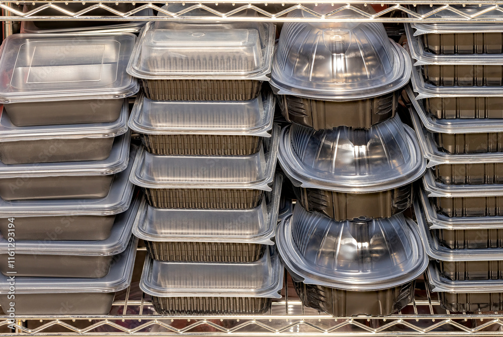 Stacked food containers awaiting distribution in a busy kitchen setting