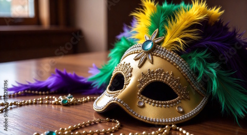 Close-up of a gold Mardi Gras mask with purple and green feathers and pearl details on a wooden table, symbolizing elegance and celebration photo