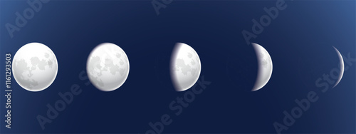 Realistic illustration of moon phases with craters. Vector on blue background