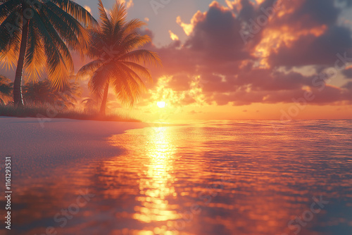 Photo réaliste d’une plage déserte au coucher du soleil, avec une lumière dorée et chaude se reflétant sur le sable mouillé, tandis que des palmiers gracieux se dessinent en arrière-plan