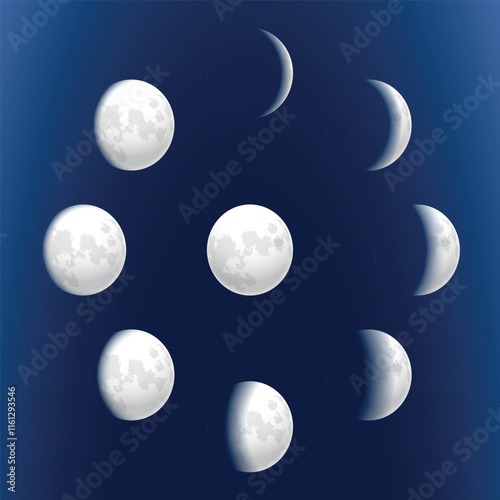 Phases of the moon with craters. Vector on a blue background