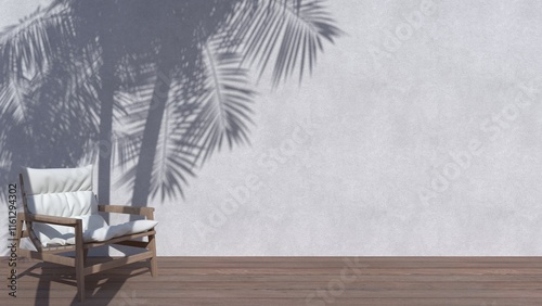 3d rendering image of a easy chair on wooden terrace in front of rough white wall with shadow of trees casting on it.