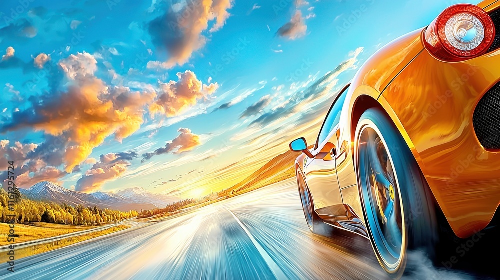 Luxury sports car accelerates on a deserted highway at sunrise, capturing the thrill of speed in golden morning light Luxury sports car accelerates on a deserted highway at sunrise, capturing the thrill of speed in golden morning light