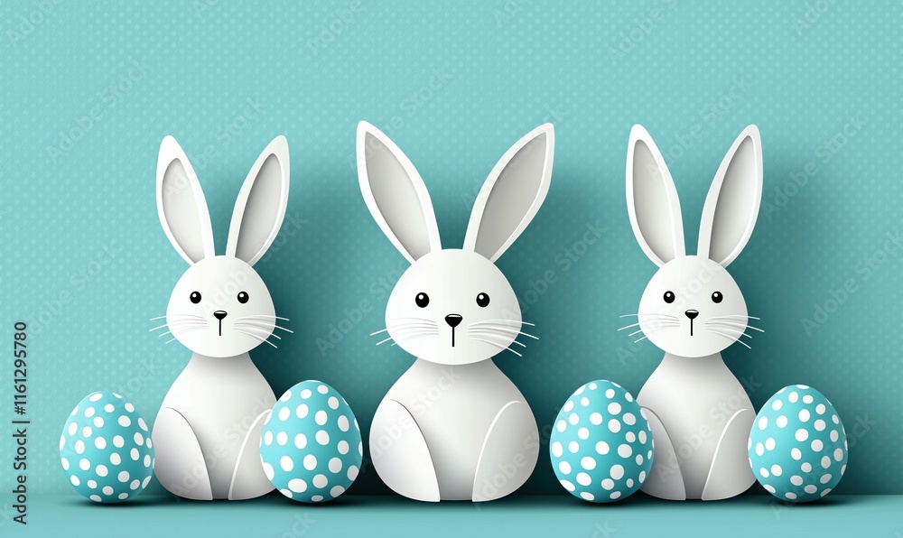 Fototapeta premium Easter bunnies celebrate spring with colorful eggs on a polka dot backdrop in a cheerful greeting card design