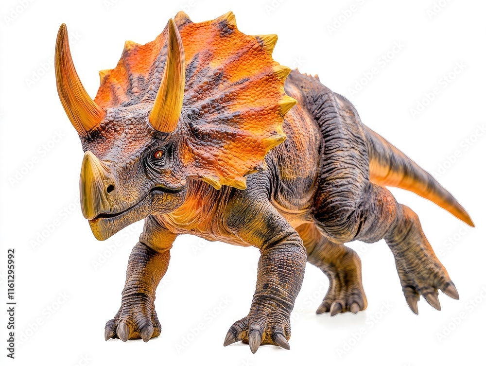 A detailed dinosaur figurine resembling a Triceratops in a dynamic pose.