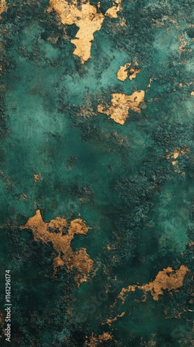 Emerald green textured surface with distressed gold patina and weathered look