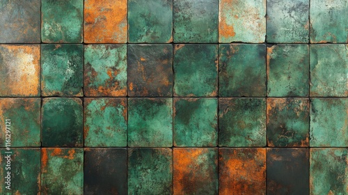 Oxidized emerald and rusted metal tiles with distressed texture pattern