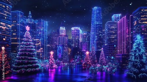 Neon Winter Wonderland: Cityscape with holographic Christmas decorations