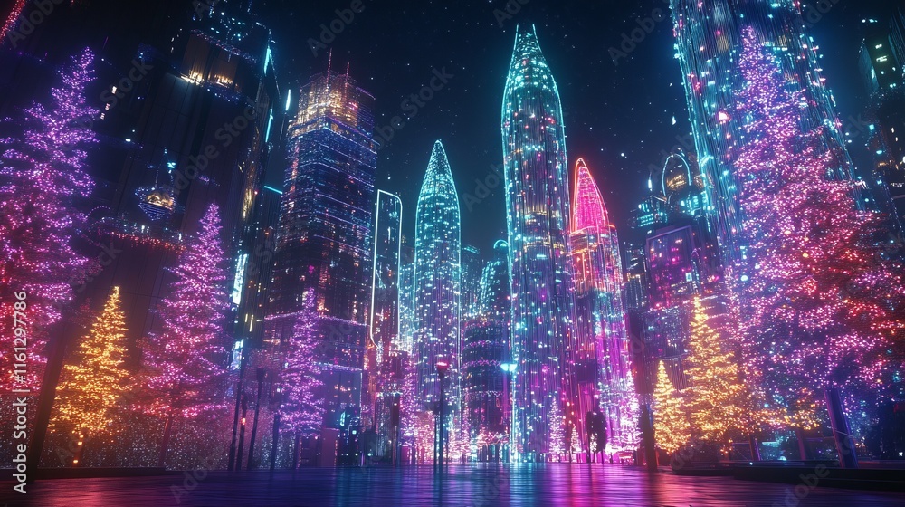 Naklejka premium Neon Winter Wonderland: Cityscape with holographic Christmas decorations