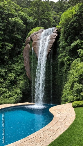 A waterfall cascades down a rocky cliff into a blue pool