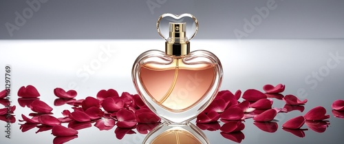 A glass heart perfume bottle with red rose petals surrounding it