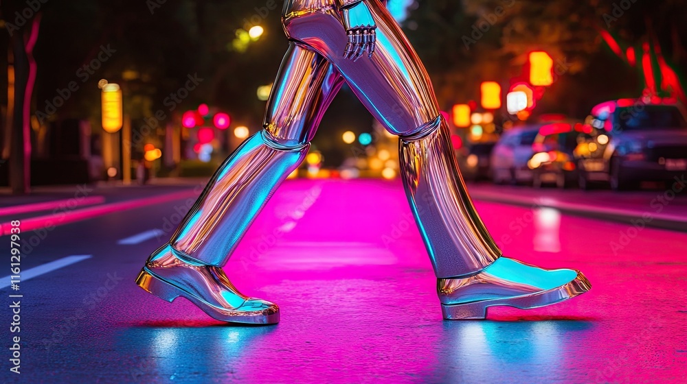 Fototapeta premium A metallic figure walks on a neon-lit street, showcasing a futuristic urban scene.