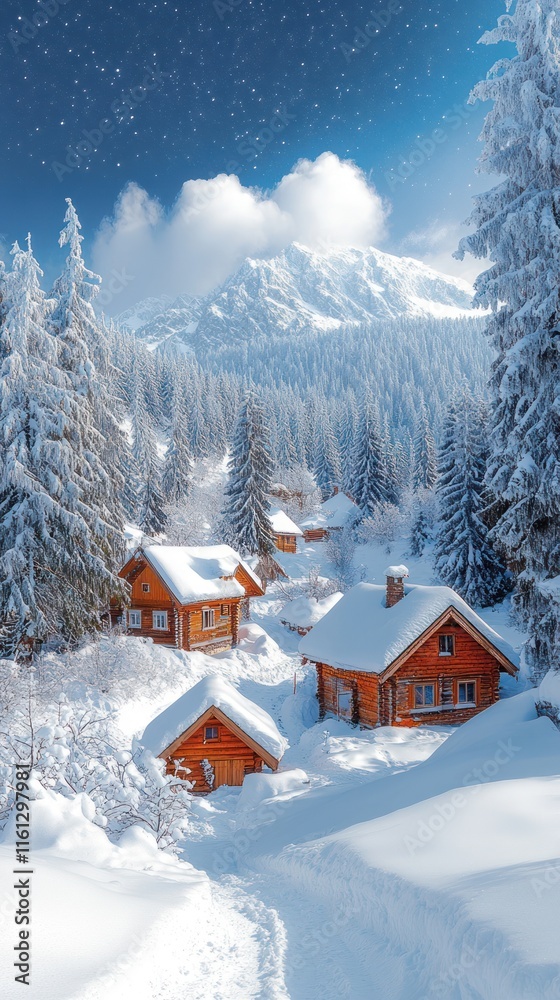 Snowy mountain village with cozy wooden cabins under a starry sky. Snowy mountain village with cozy wooden cabins under a starry sky.