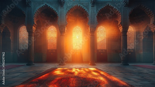 A room with a red carpet and a window with sunlight shining through it