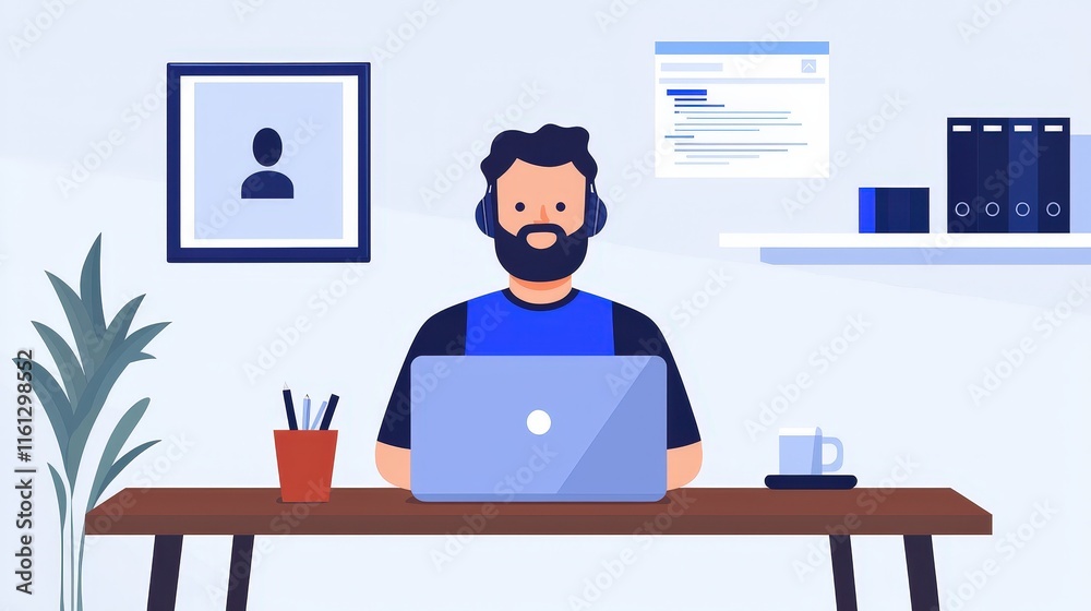 Focused Programmer Engaged in Virtual Coding Session at Home Office with Laptop Surrounded by Modern Workspace Elements and Creative Atmosphere Focused Programmer Engaged in Virtual Coding Session at Home Office with Laptop Surrounded by Modern Workspace Elements and Creative Atmosphere
