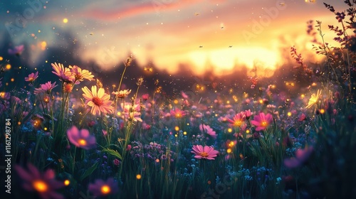 Enchanting sunset illuminates a field of glowing wildflowers