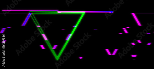 Neon glowing green triangle, surrounded by intersecting lines and scattered pixels in shades of pink, purple, and blue. The composition evokes a sense of digital glitch or a futuristic.