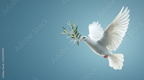 Wallpaper Mural Against a blue background banner with copy space, a white dove of peace is flying with an olive tree brach in its beak and its wings spread wide.  Torontodigital.ca