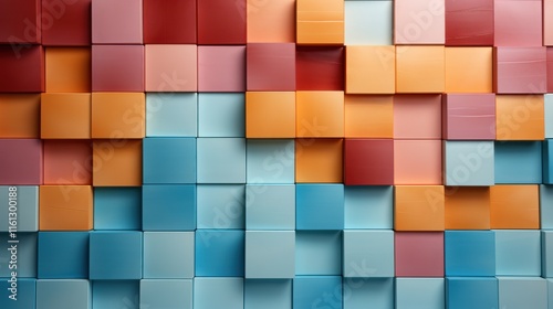 A colorful wall made of blocks with blue, orange, and pink colors