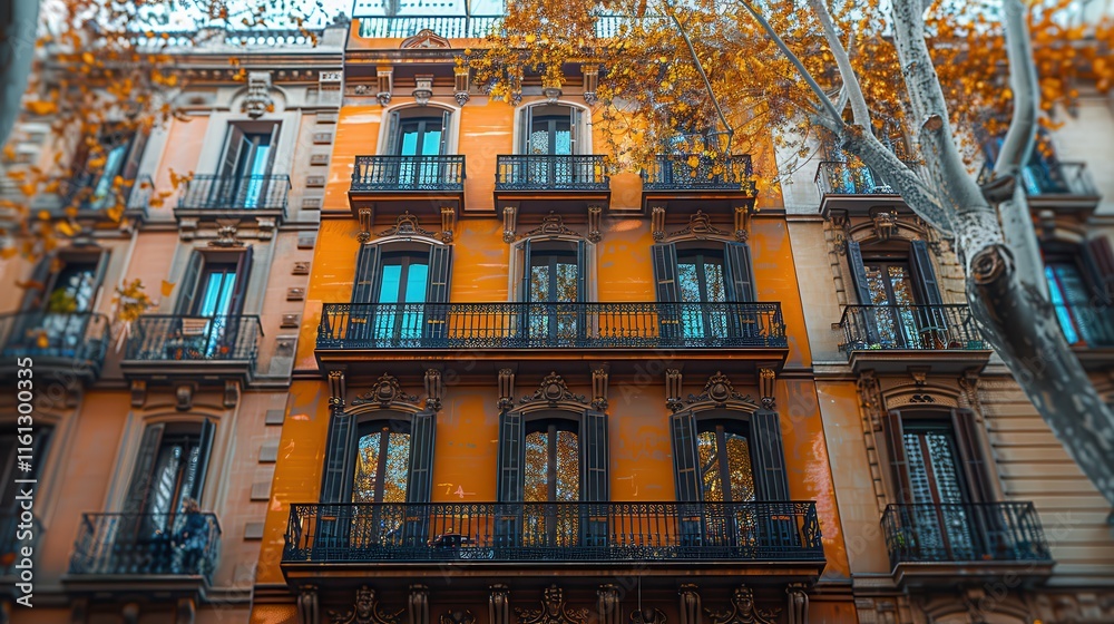A row of tall buildings with balconies and a tree in the background A row of tall buildings with balconies and a tree in the background