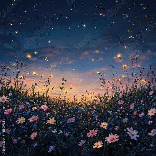 Evening Meadow Scene With Glowing Flowers And Stars