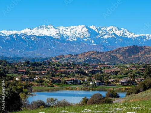 Rancho Cucamonga, California, boasts sun-bathed hills and sprawling suburbs, with the snow-capped peaks of the San Gabriel Mountains in the distance, all beneath a bright blue sky photo