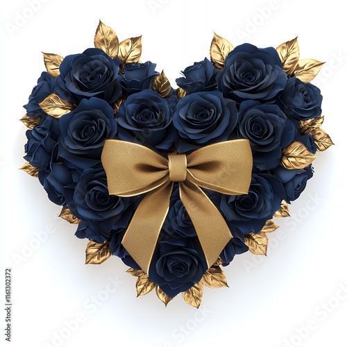 Heart-shaped bouquet of navy blue roses with gold accents