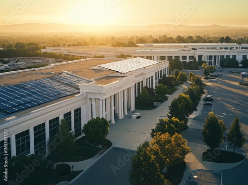 Bird's-eye views of multiple commercial buildings, displaying asphalt shingle and TPO membrane roofing systems, under the warm sun on a crisp, clear day photo