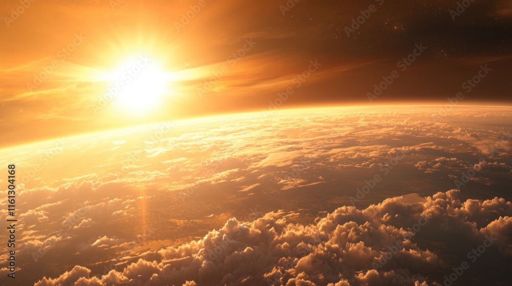 Captivating Sunrise Over Earth with Glowing Sun and Cloudscape for Solar Energy Concept Captivating Sunrise Over Earth with Glowing Sun and Cloudscape for Solar Energy Concept