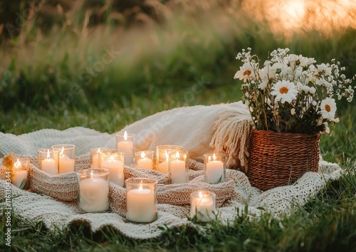 The serene atmosphere, created by an empty circle of candles, flowers, and woven blankets, surrounds the peaceful outdoor setting, invoking a sense of sisterly community and spiritual connection photo