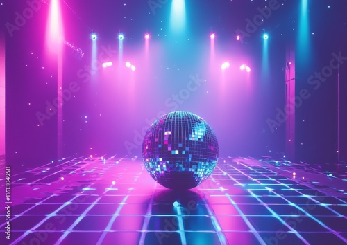 A nostalgic concert stage glows with vibrant lights, featuring a large shimmering mirrored disco ball, flashy multicolored lights, and a sleek retro dance floor photo