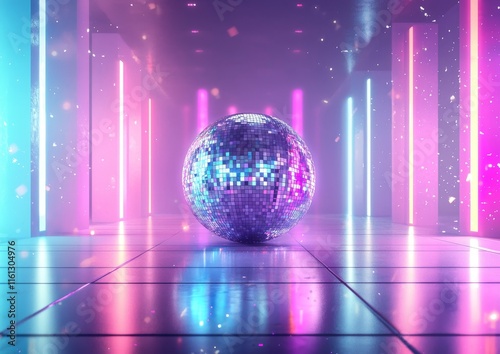 Bright lights brighten a nostalgic concert stage, featuring a large glittering mirrored disco ball, flashy multicolored lights, and a stylish retro dance floor photo