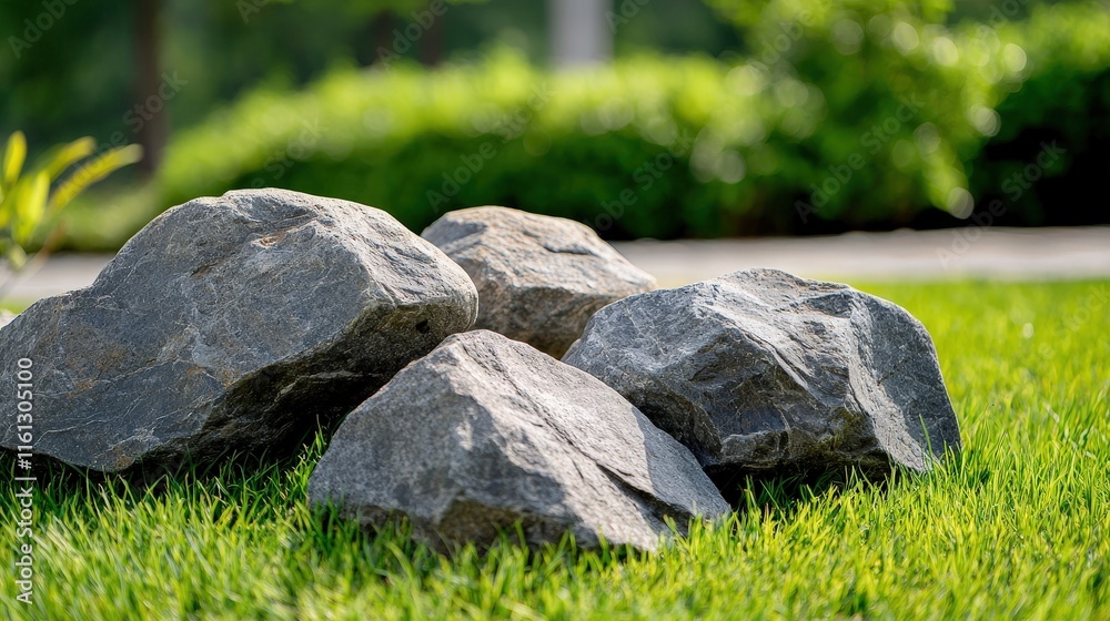 A Tranquil Arrangement of Large Boulders Nestled in Lush Green Grass Creating a Natural Landscape Perfect for Outdoor Spaces and Serenity in Nature A Tranquil Arrangement of Large Boulders Nestled in Lush Green Grass Creating a Natural Landscape Perfect for Outdoor Spaces and Serenity in Nature
