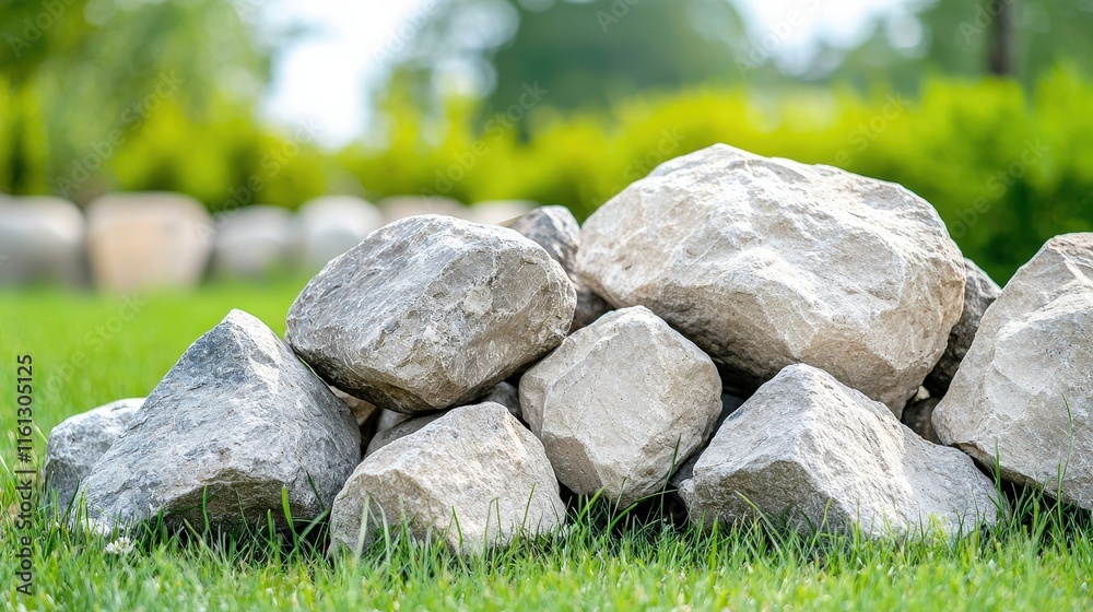 Natural Arrangement of Large Boulders in Lush Green Grass Featuring Textured Rock Surfaces and Vibrant Vegetation Under Clear Blue Sky Natural Arrangement of Large Boulders in Lush Green Grass Featuring Textured Rock Surfaces and Vibrant Vegetation Under Clear Blue Sky