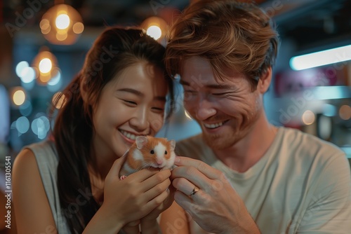 A happy couple joyfully interacting with their pet guinea pig in a cozy, colorful cafe setting. photo