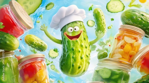 A cheerful animated pickle wearing a chef's hat surrounded by colorful jars of pickled vegetables, fresh cucumbers, and herbs in a bright