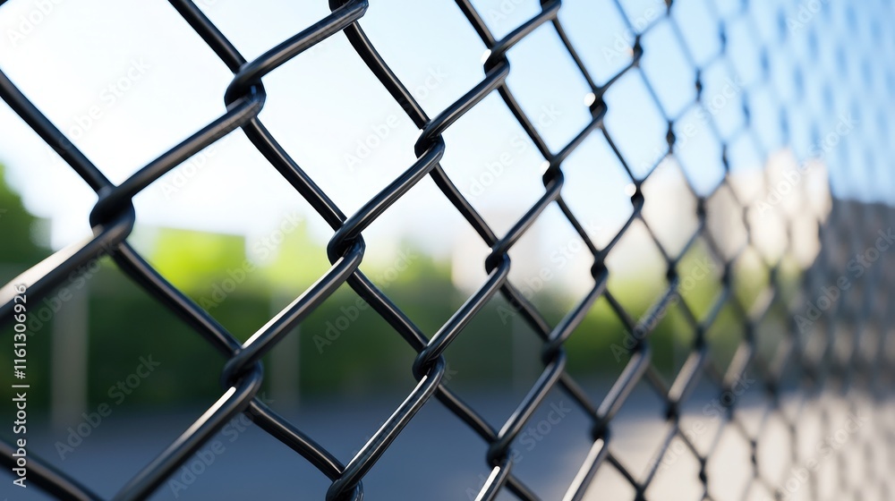 Fototapeta premium Intricate Chain Link Fence with Detailed Texture Framed Against a Softly Blurred Background Evoking Depth and Contrast in an Urban Environment
