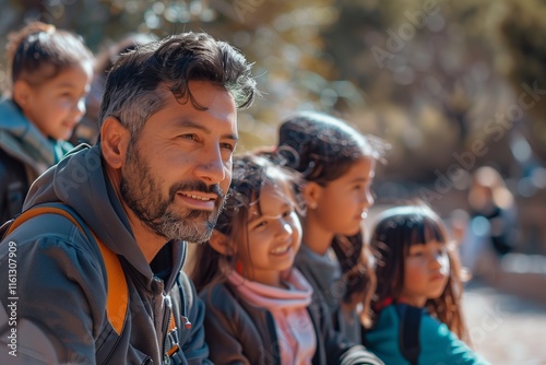 A joyful moment of bonding between a man and children outdoors, showcasing smiles and happiness in nature.